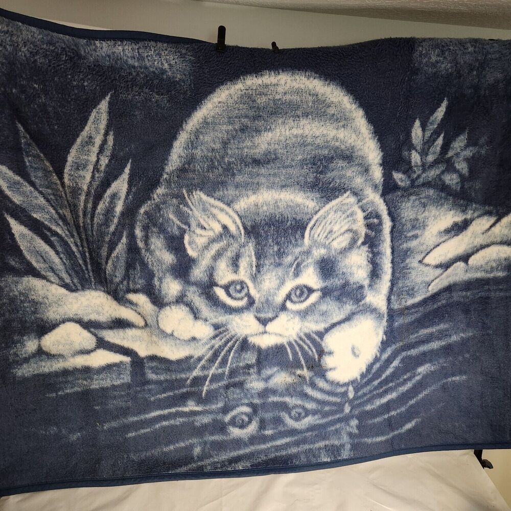 Biederlack Blanket 46 X 54 Blue Cat Kitten Reflection Pond Reversible Throw Vtg